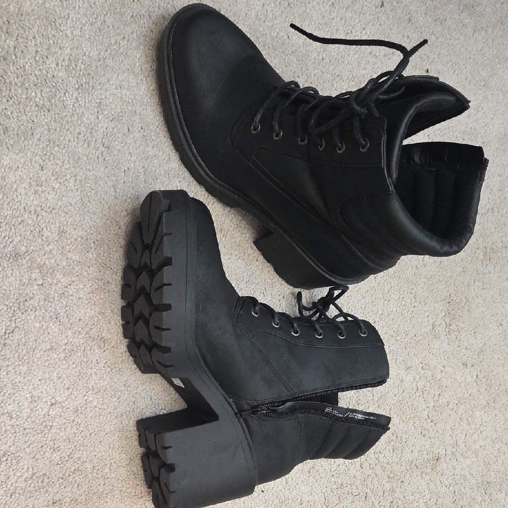 Lane Bryant Black Combat Moto Boots with Chunky Lug Sole